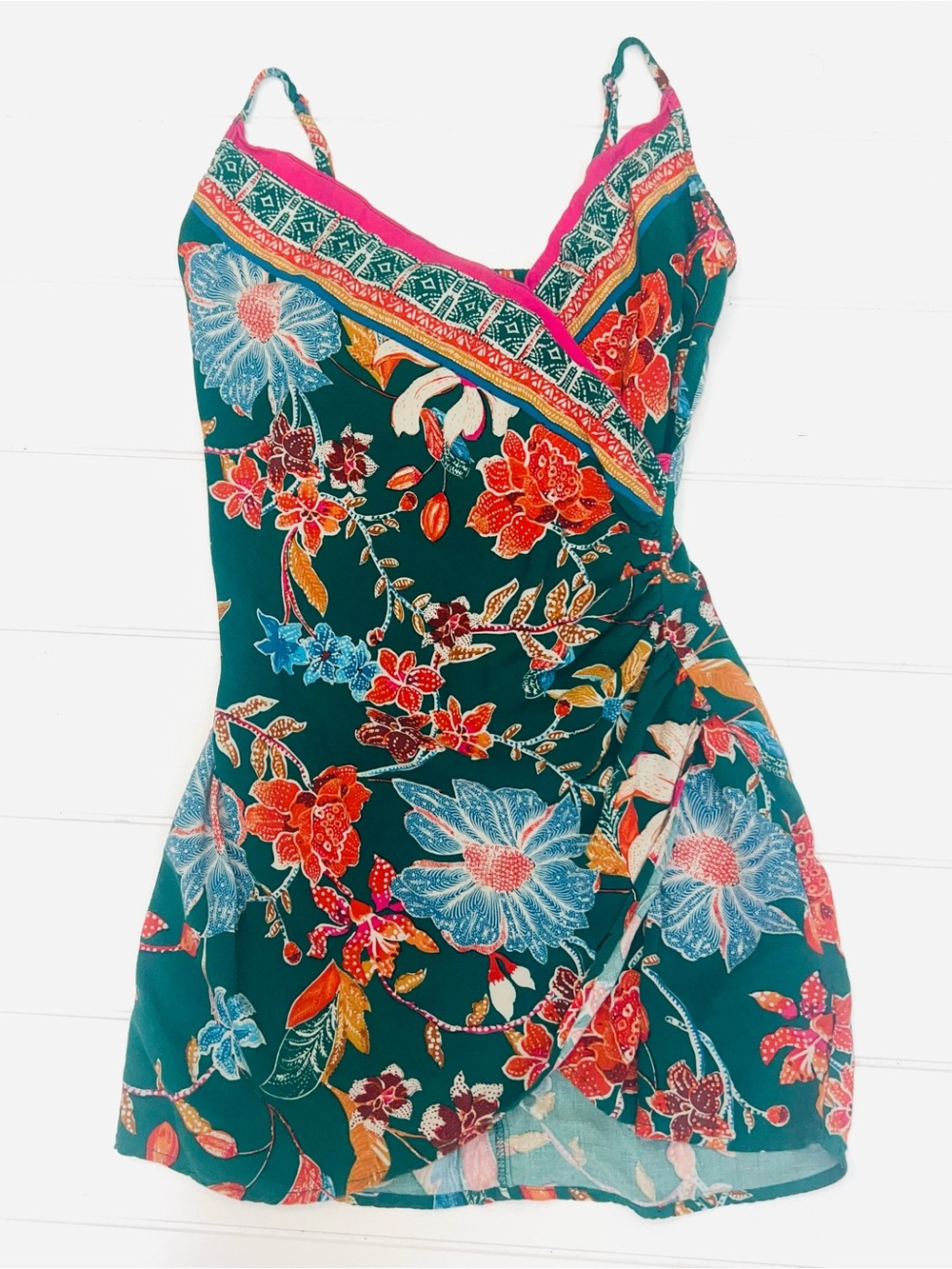 Urban Outfitters Botanical Mini Drape Dress Green Floral Wrap or Tunic Tank XS